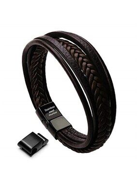 Mens Leather Braided Bracelet Stainless Steel Magnetic Clasp Cuff Wristband